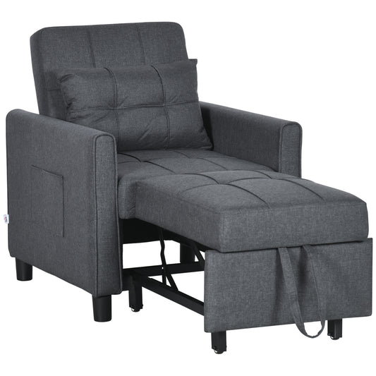 3-In-1 Linen-Look Single Chair Bed with Adjustable Back & Eucalyptus Wood Sofa Frame - Grey