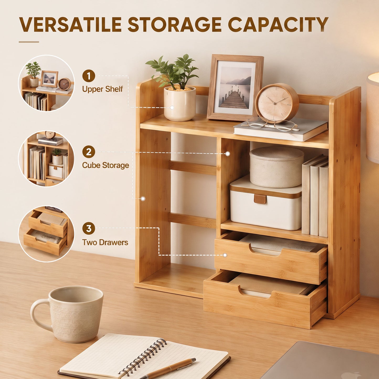 Desk Organiser Compartments Desktop Bookshelf Stationery Storage Shelf Document File Holder with 2 Drawers 2-way Reversed Use