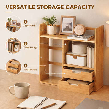 Desk Organiser Compartments Desktop Bookshelf Stationery Storage Shelf Document File Holder with 2 Drawers 2-way Reversed Use