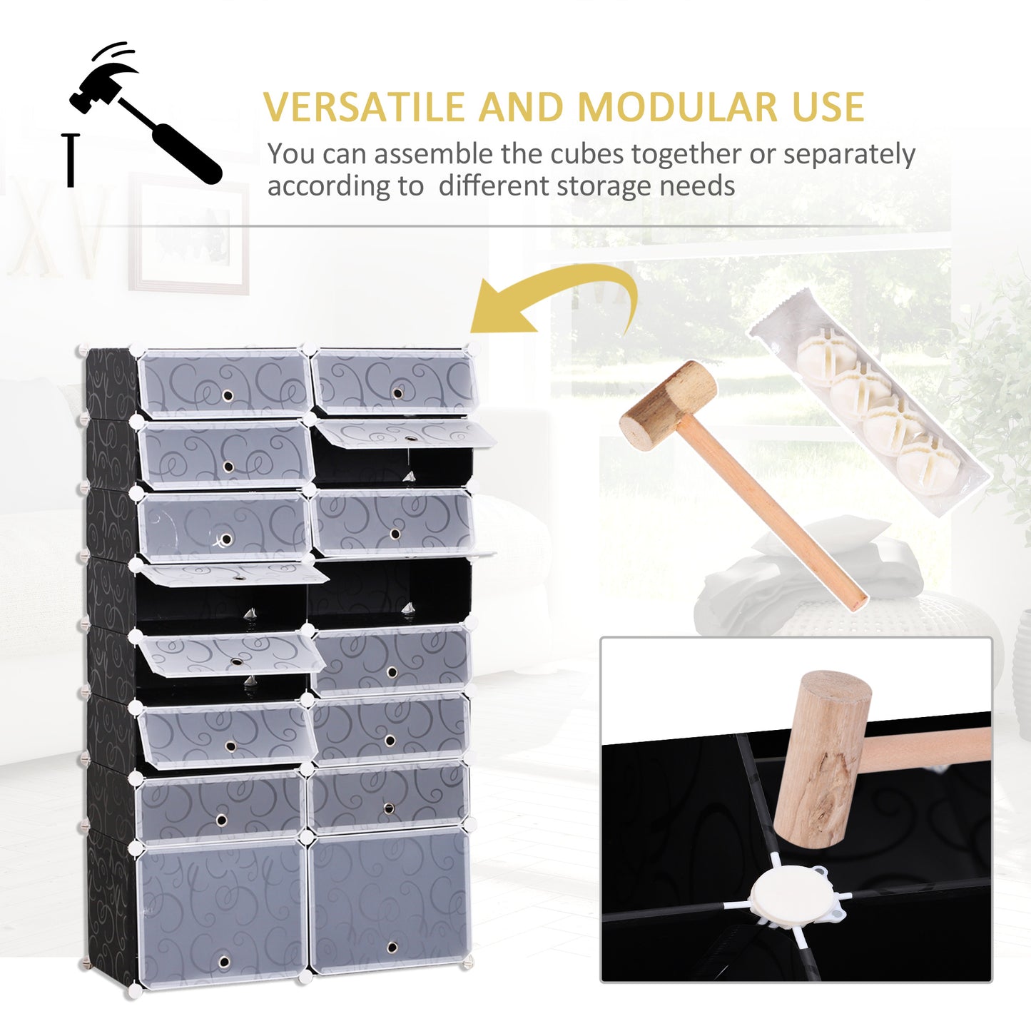 16 Cube Shoe Rack, 2 x 8 Tier Shoe Storage Cabinet, Modular Plastic Shelves for Bedroom, Living Room and Entryway