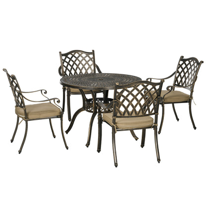 4 Seater Outdoor Dining Set Antique Cast Aluminium Garden Furniture Set with Cushions Round Dining Table with Parasol Hole