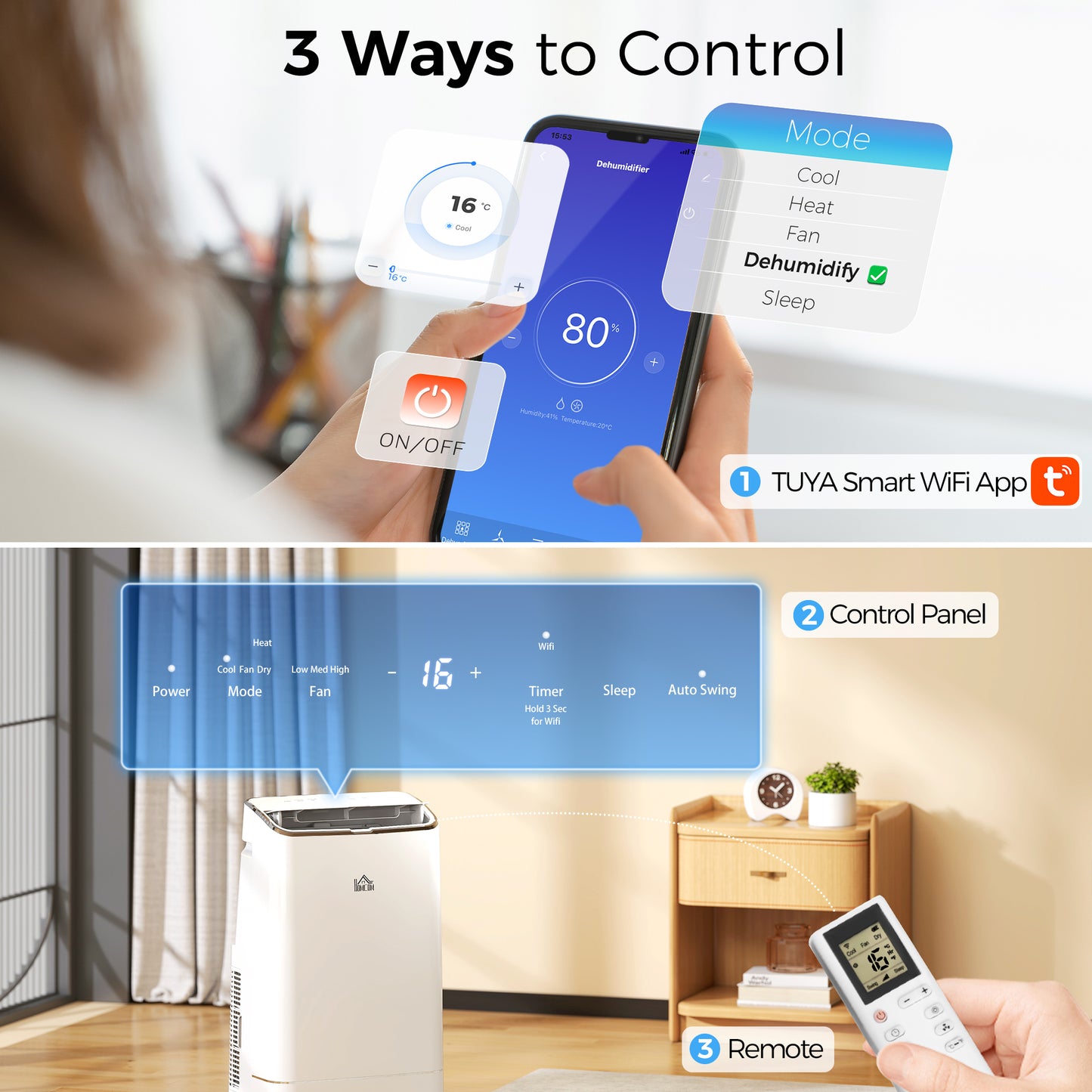 14000 BTU Mobile Air Conditioner, 35m², Smart Home WiFi, with Dehumidifier, Fan, 24H Timer, Window Kit, White