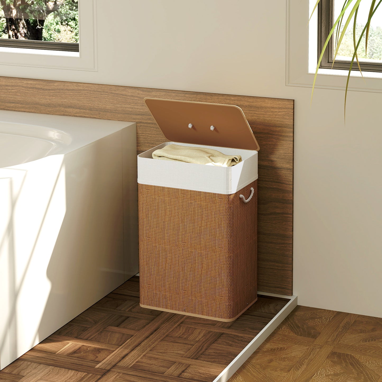 Bamboo Laundry Basket with Lid, 72L Laundry Hamper with Rope Handles