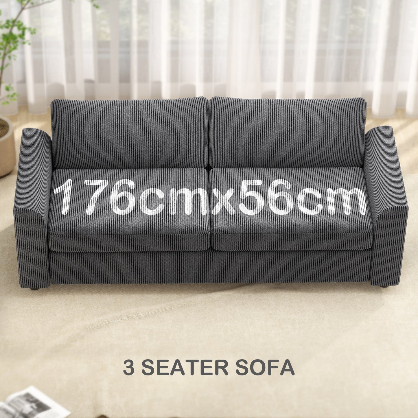 3 Seater Sofa, 212cm Corduroy Couch with Spring Cushion, Wide and Deep Seat, Plush Backrest, 2 Pillows