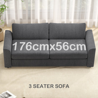 3 Seater Sofa, 212cm Corduroy Couch with Spring Cushion, Wide and Deep Seat, Plush Backrest, 2 Pillows