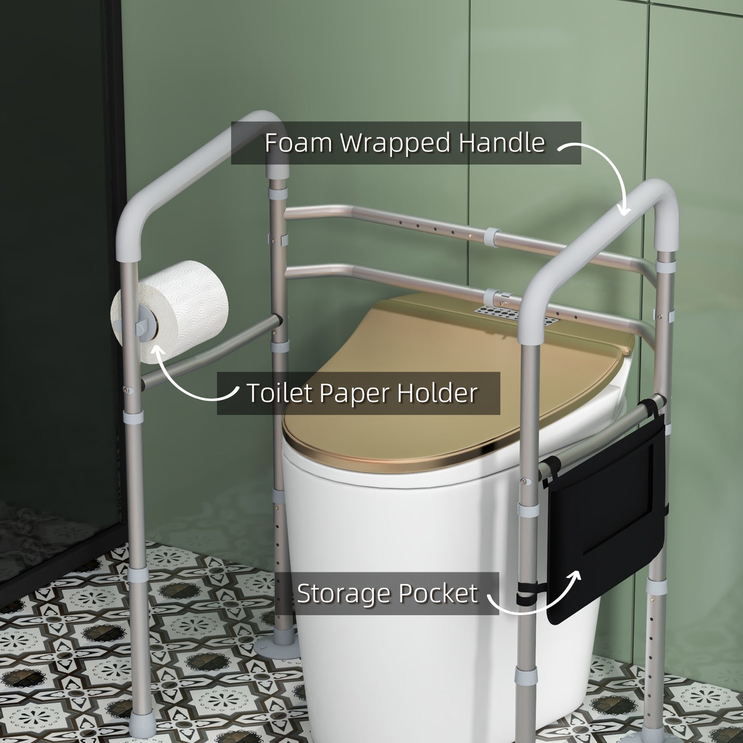 Free Standing Toilet Frame, Height and Width Adjustable Toilet Safety Frame with Arms, 2 Additional Suction Cups