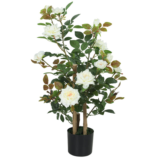 90cm Artificial Rose Tree, Decorative Fake Plant with 344 Silk Leaves 17 Flowers for Outdoor Indoor Decor, White