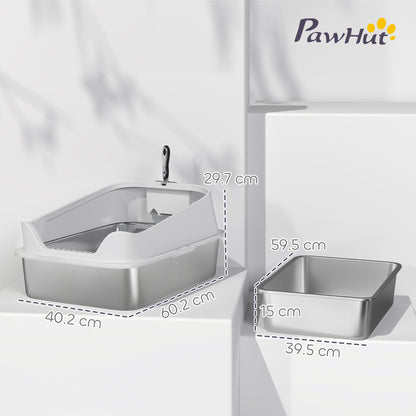 XL Stainless Steel Cat Litter Box with High Sides, Metal Scoop, 60 x 40 x 30 cm