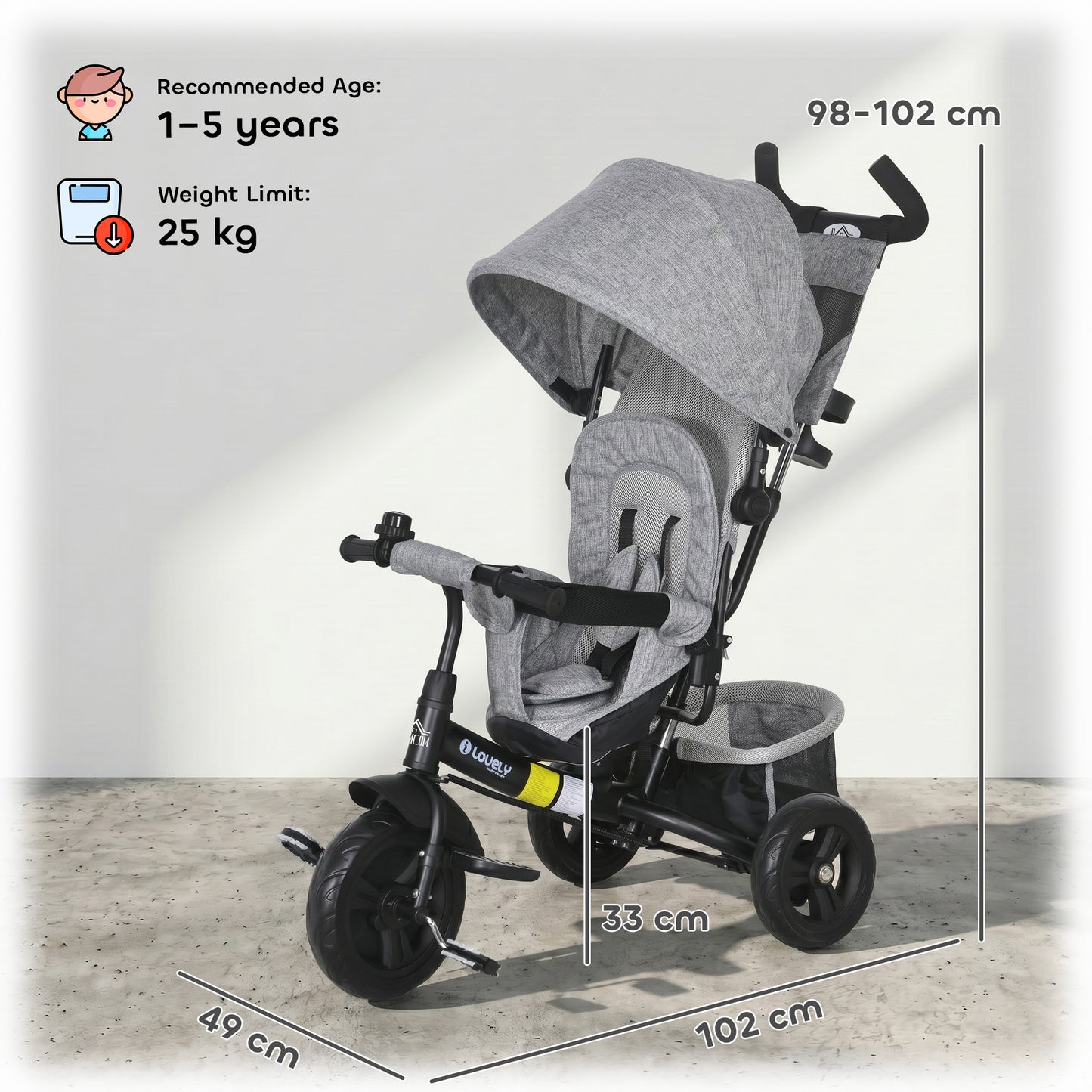 6 in 1 Kids Trike with Parent Handle, Canopy, 5-point Seat Belt, Storage, Footrest, Brake, for 1-5 Years, Grey