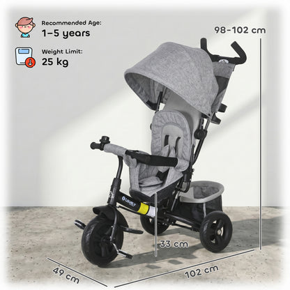 6 in 1 Kids Trike with Parent Handle, Canopy, 5-point Seat Belt, Storage, Footrest, Brake, for 1-5 Years, Grey