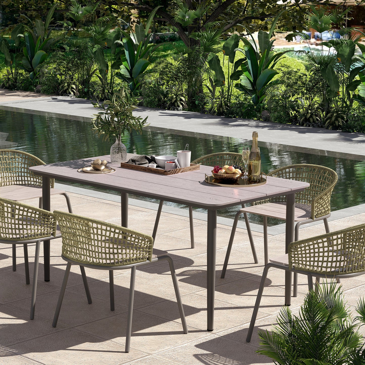 Garden Table, Outdoor Dining Table for 6 People, 160 x 90 x 74 cm, with Rust Resistant Metal Frame, WPC Top, for Balcony