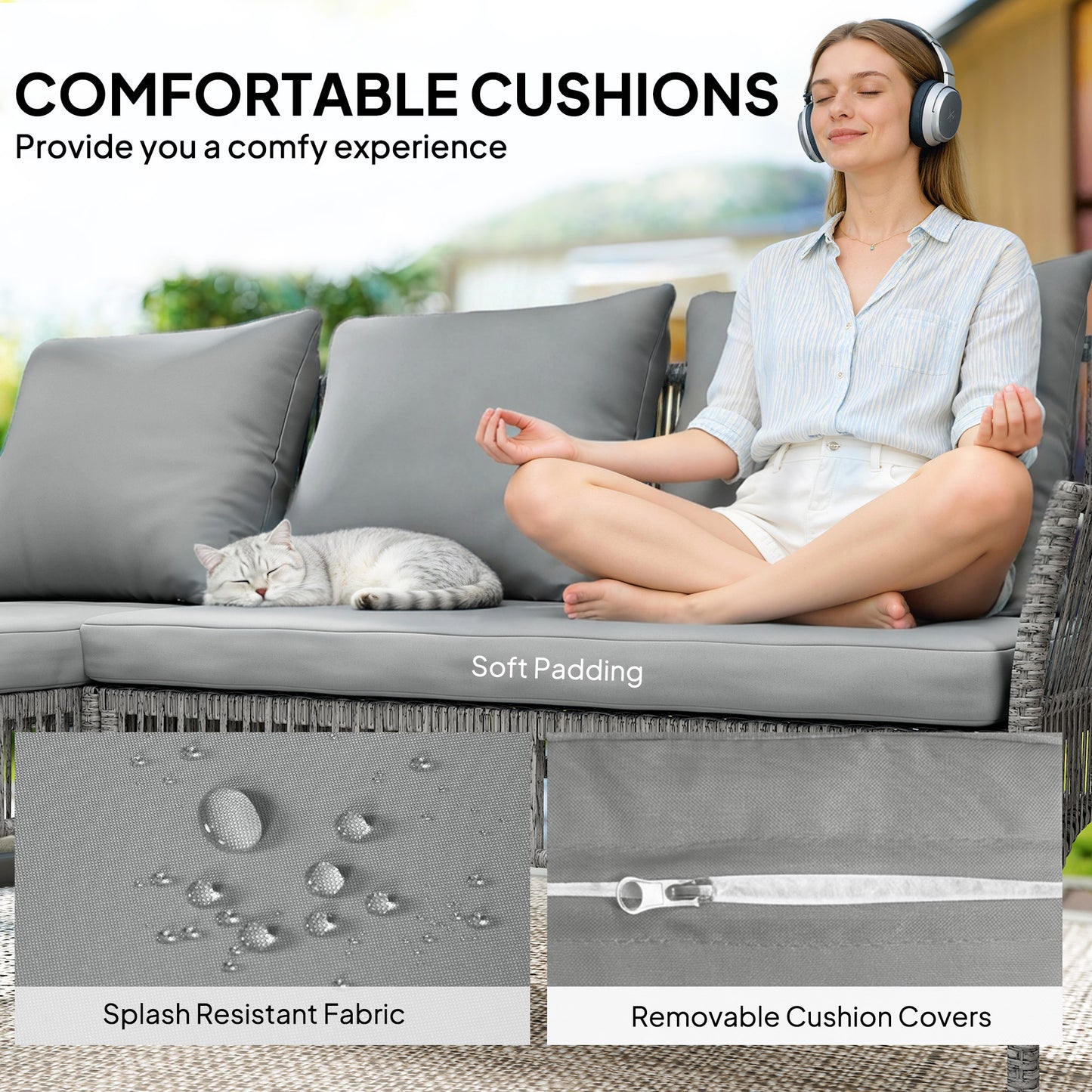 3 Piece Rattan Garden Furniture Corner Sofa Set with Chaise Lounge, Loveseat, Glass Coffee Table, Cushions, Dark Grey