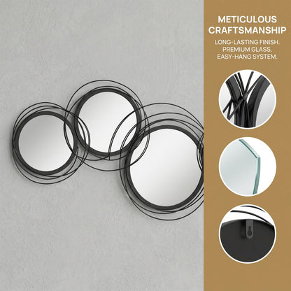 Metal Wall Art 56cm Modern Decorative Mirror Decor for Living Room Bedroom Dining Room, Black