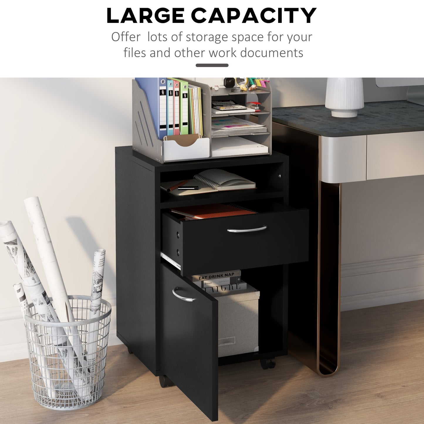 Filing Cabinet, Mobile File Cabinet with 2 Drawers, Office Home Organiser on Wheels for A4, Letter-Size File Folders