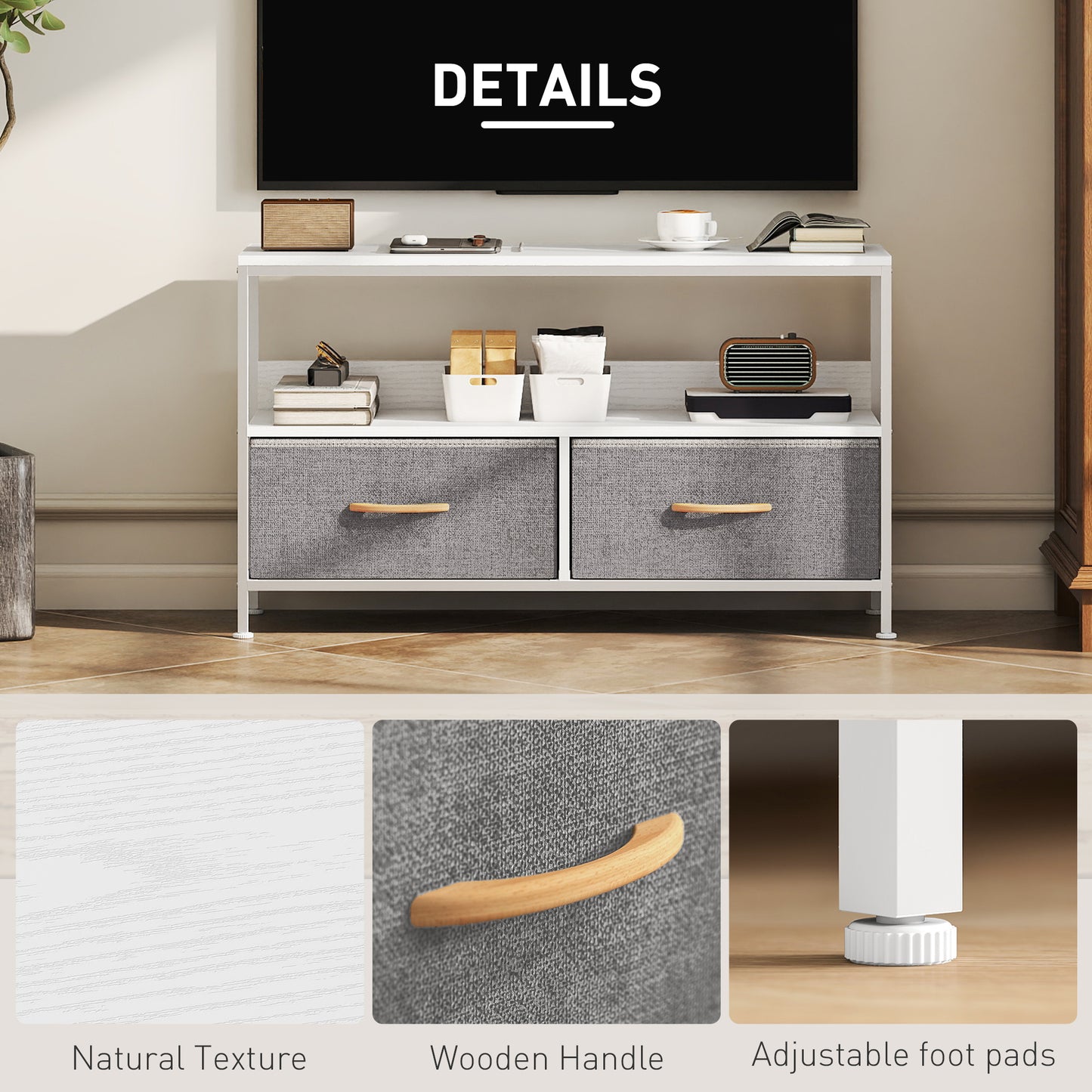 TV Stand Cabinet with 2 Foldable Drawers - White