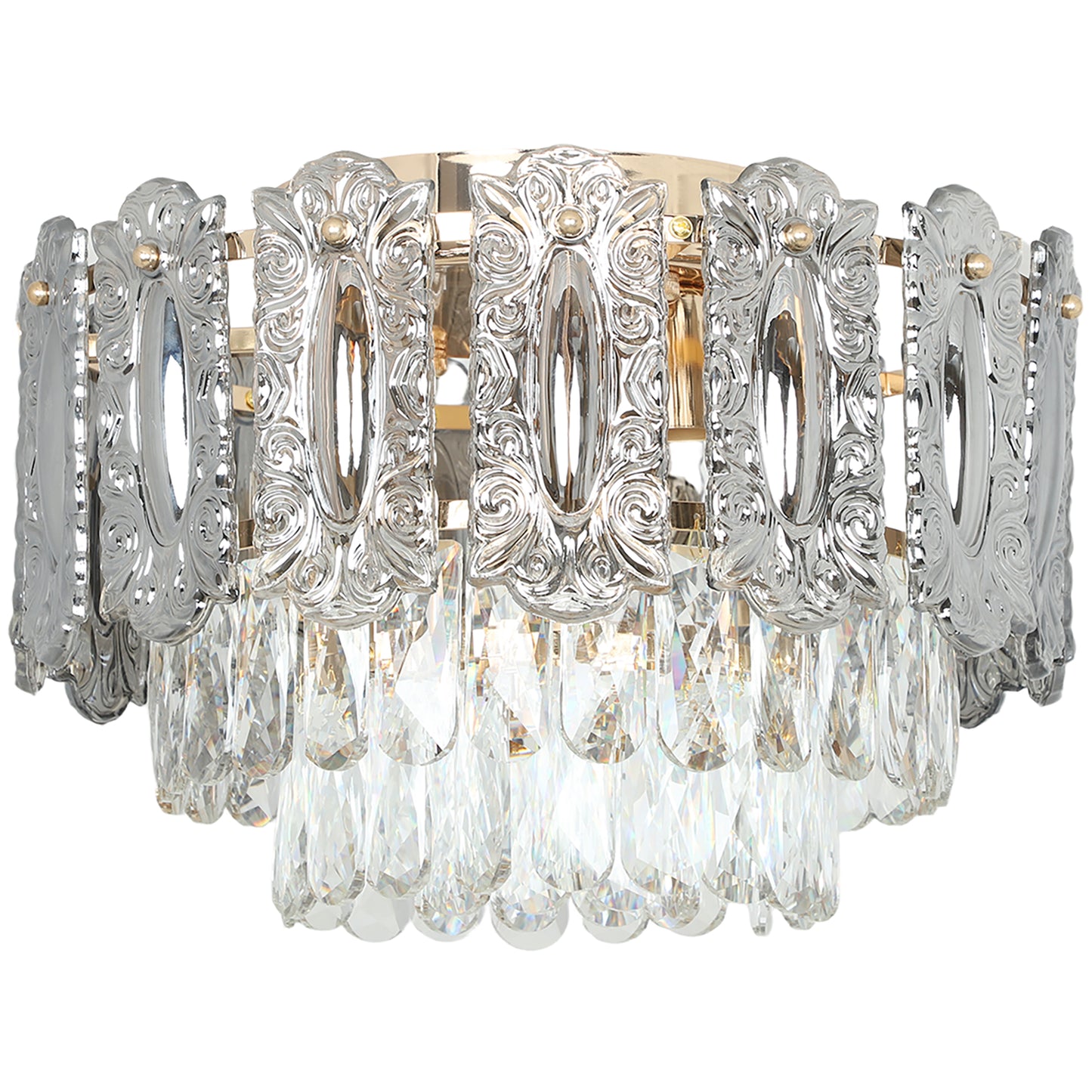Chandelier Ceiling Light, 3-Light Flush Mount Fixture with Dual Crystal and Smoke Glass Shade