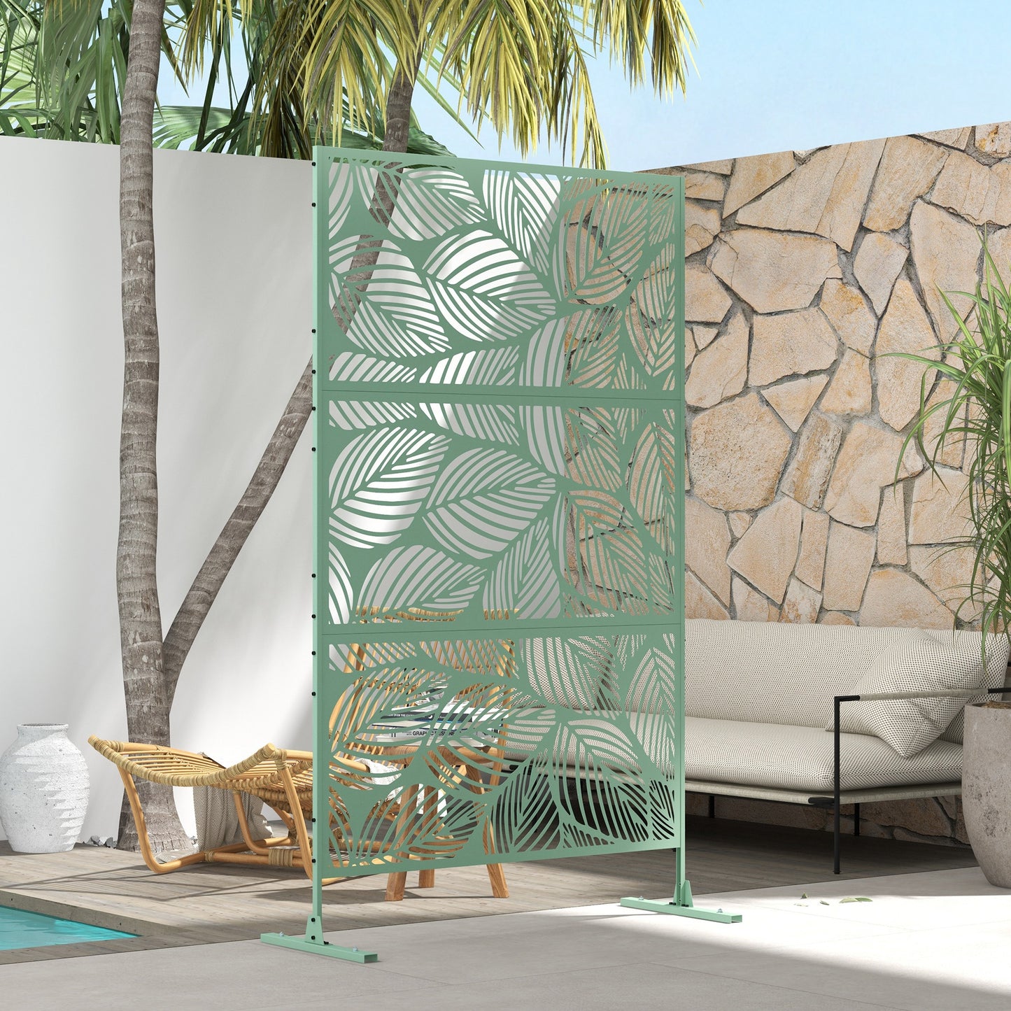 Metal Decorative Privacy Screen Outdoor Divider, Green Leaf