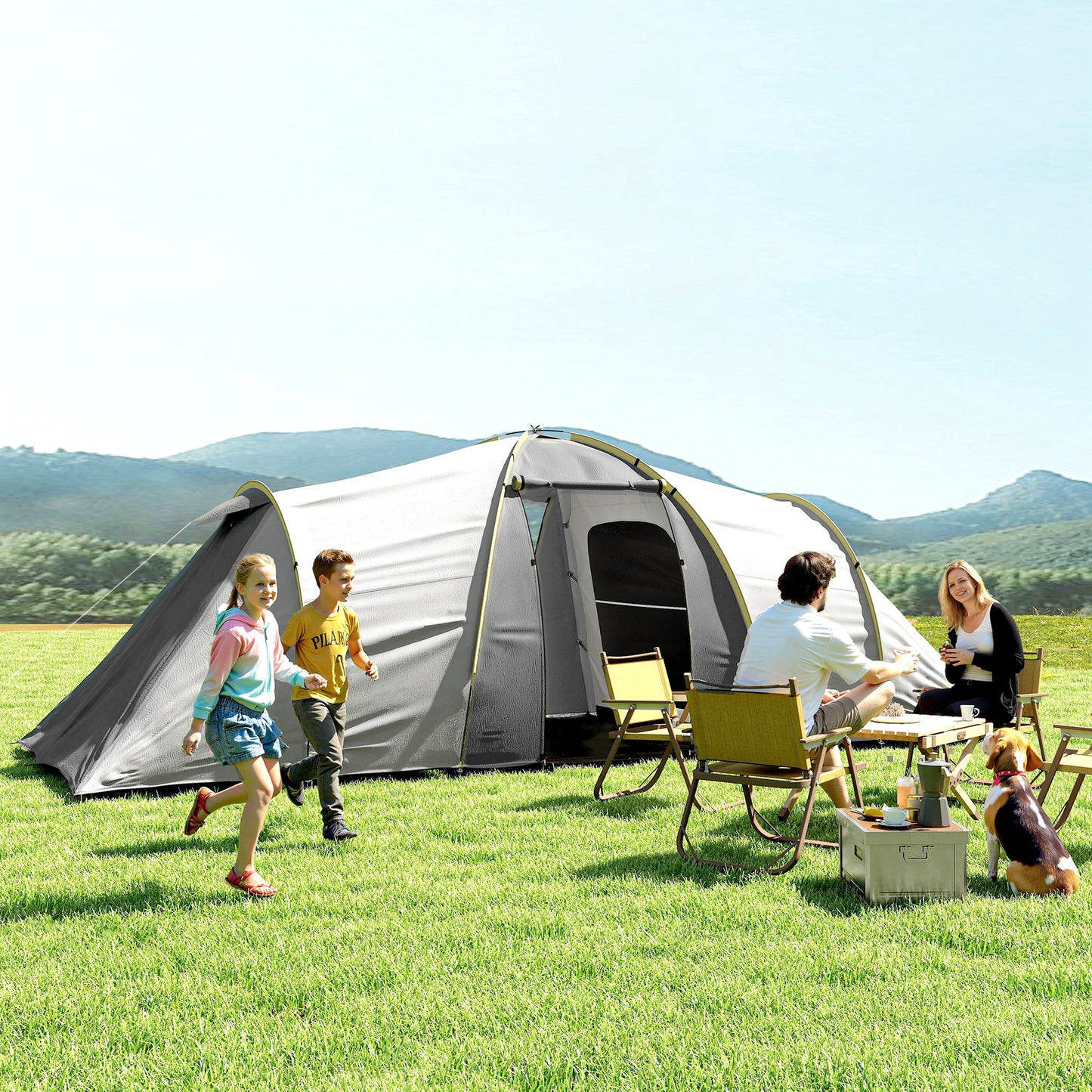 Four-Man Tunnel Tent, with Two Bedrooms and Living Room - Grey/Yellow