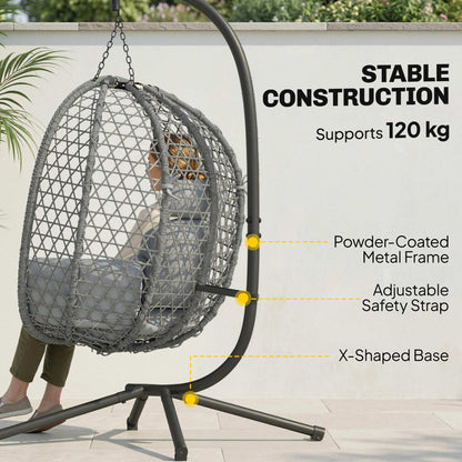 Hanging Egg Chair, Indoor Outdoor Rattan Hammock Swing Chair with Stand, Safety Strap, Foldable Basket, Dark Grey