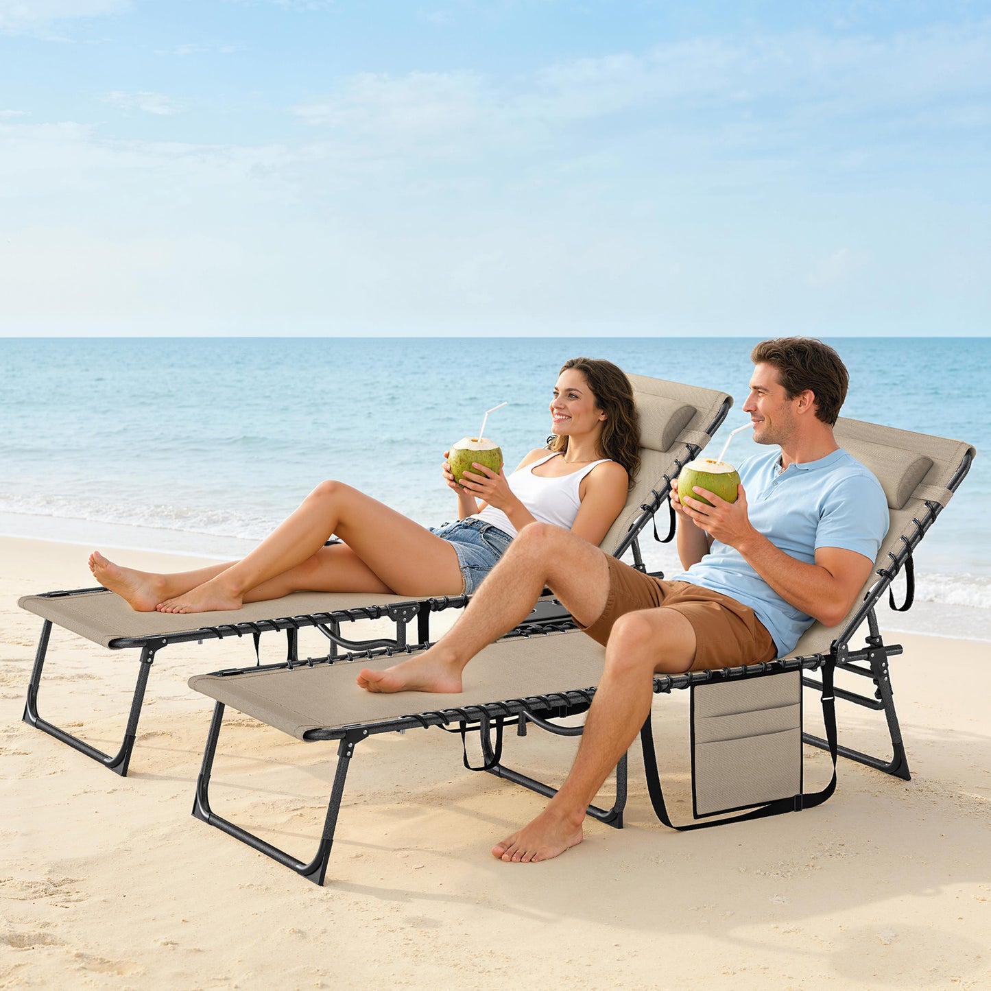 Five-Position Reclining Sun Loungers Set of 2 - Beige