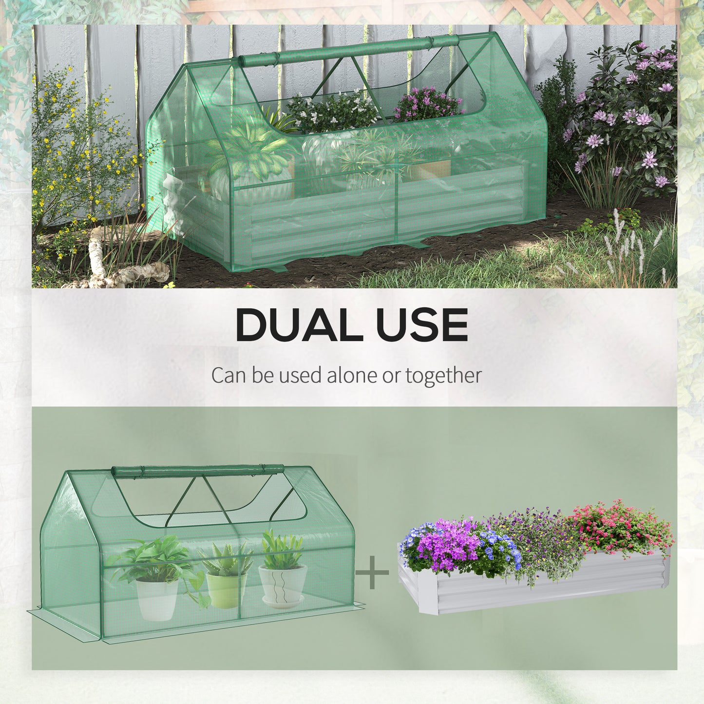 Raised Garden Bed with Greenhouse, Steel Planter Box with Plastic Cover, Roll Up Window, Dual Use for Flowers, Vegetables