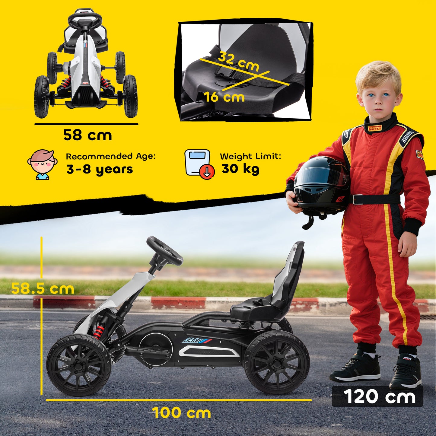 12V Electric Go-Kart for Kids, Ride-On Racing Go-Kart, with Forward and Reversing Functions, for Ages 3-8 Years - White