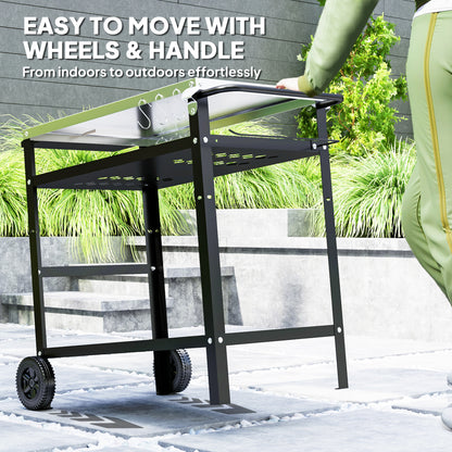 BBQ Trolley with Stainless Steel Top Adjustable Shelf, Outdoor Kitchen Barbecue Station with Hooks Seasoning Tray Towel Rack