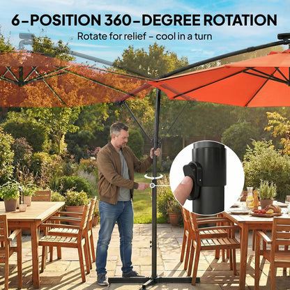 3 m Garden Cantilever Parasol with LED Solar Light, Round Overhanging Umbrella with 360° Rotation, Cover, Orange