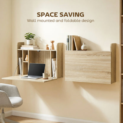 Wall Mounted Desk, Drop Leaf Floating Laptop Desk with Space Saving Storage Compartments for Home Office, Oak