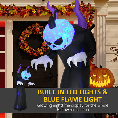 7ft Inflatable Halloween Ghost with Horns, Blow-Up Outdoor LED Display with Flame Effect for Garden, Lawn, Party, Holiday