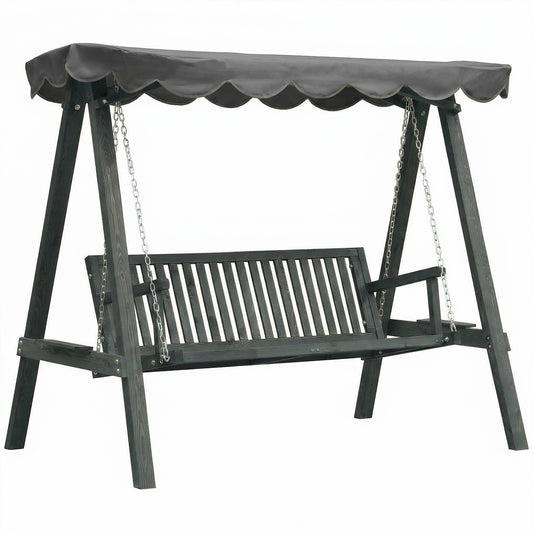 3 Seater Garden Swing Seat with Canopy, Wooden Swing Chair, Outdoor Hammock Bench for Balcony Patio Porch, Grey