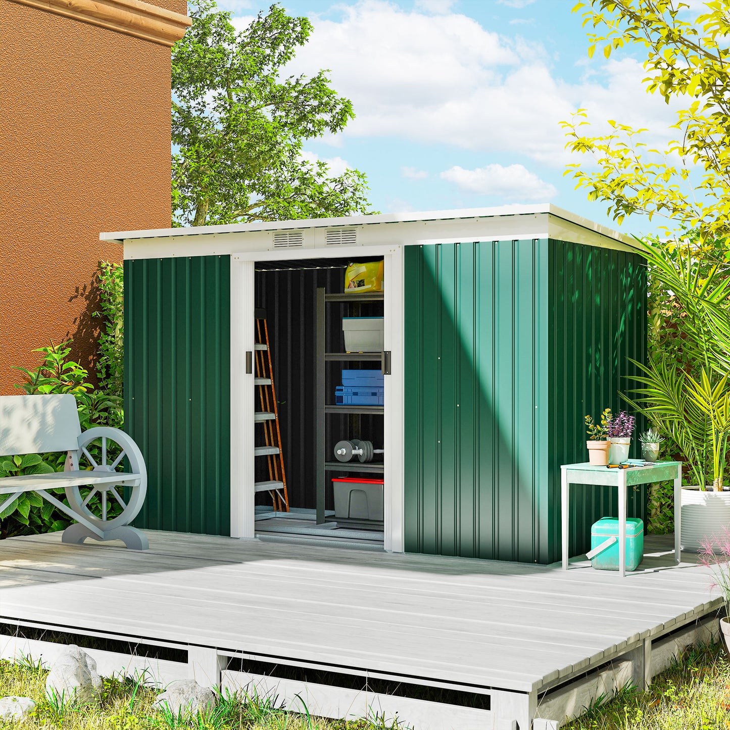 9ft x 4ft Metal Garden Shed, Outdoor Tool House with Foundation Kit, Ventilations and Double Doors, Deep Green