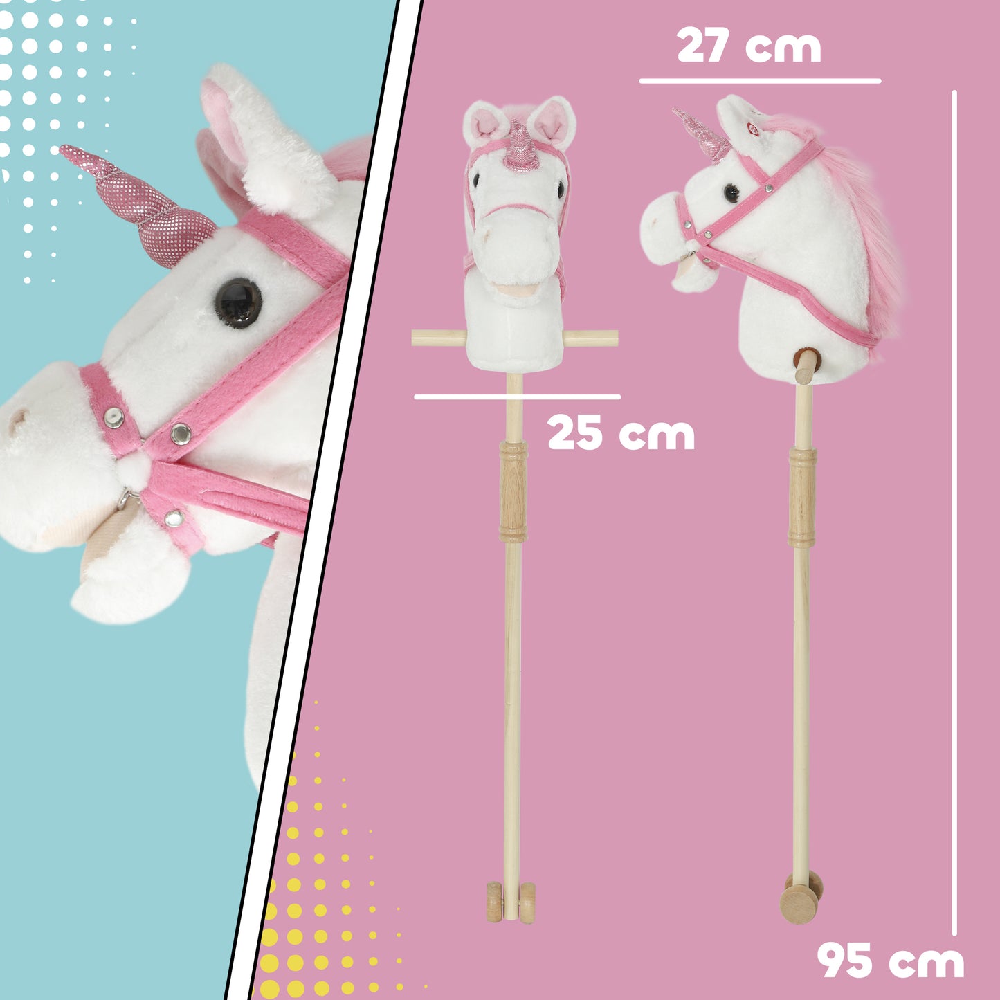 Unicorn Stick Horse with Wood Wheels, Real Pony Neighing and Galloping Sounds, Grip Handle, 95 cm, White