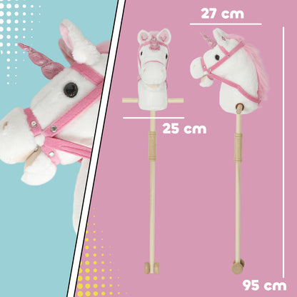 Unicorn Stick Horse with Wood Wheels, Real Pony Neighing and Galloping Sounds, Grip Handle, 95 cm, White