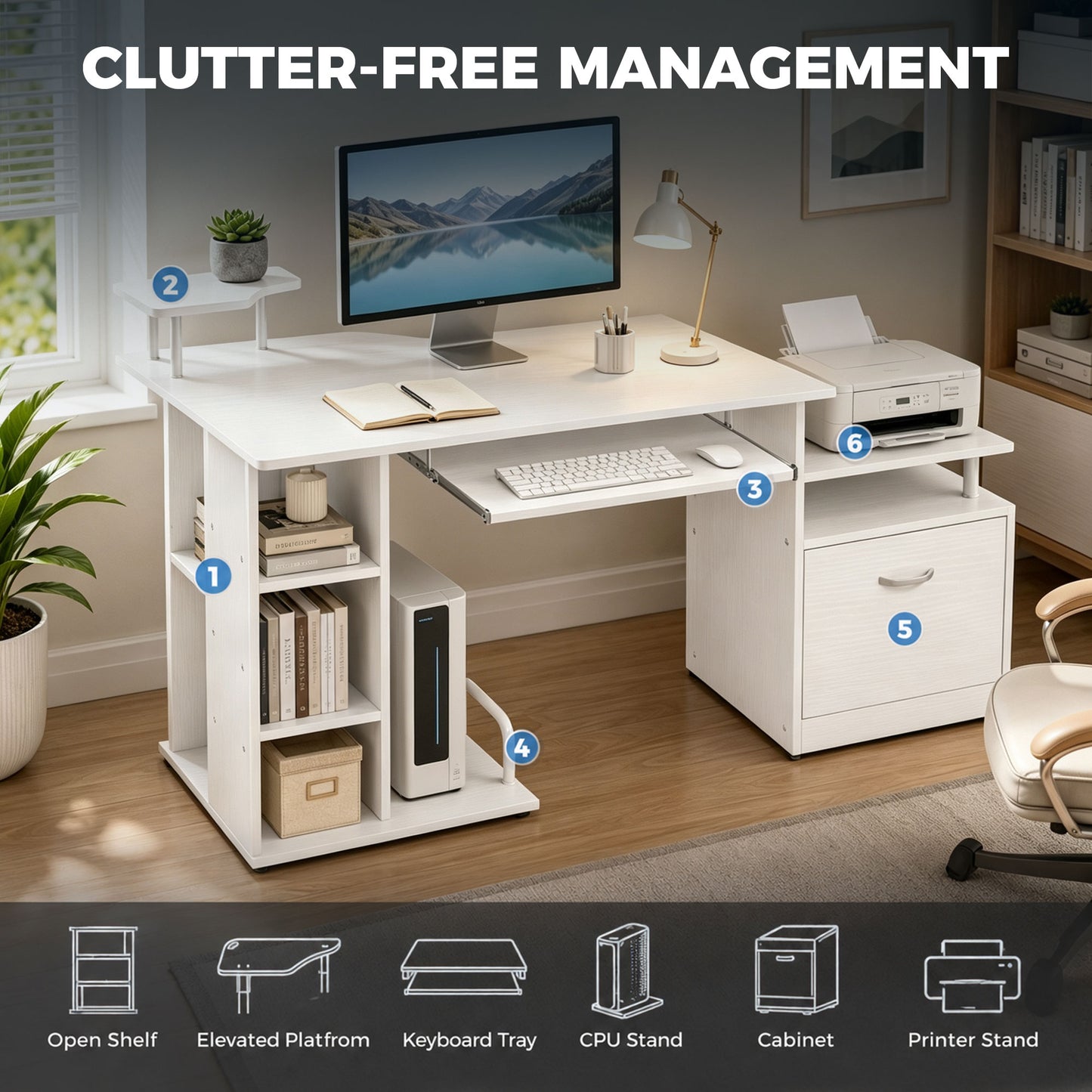 Computer Desk with Drawer Shelves CPU Storage Rack White
