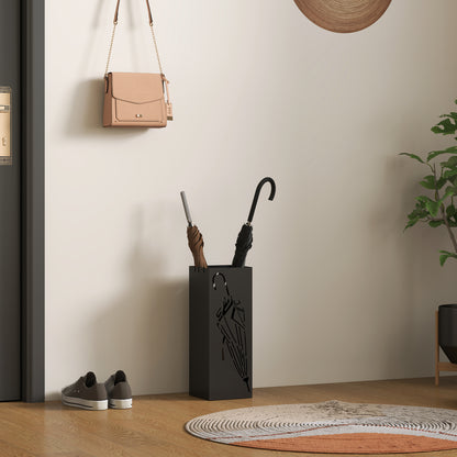 Metal Umbrella Stand, Square Umbrella Holder with 4 Hooks and Removable Drip Tray