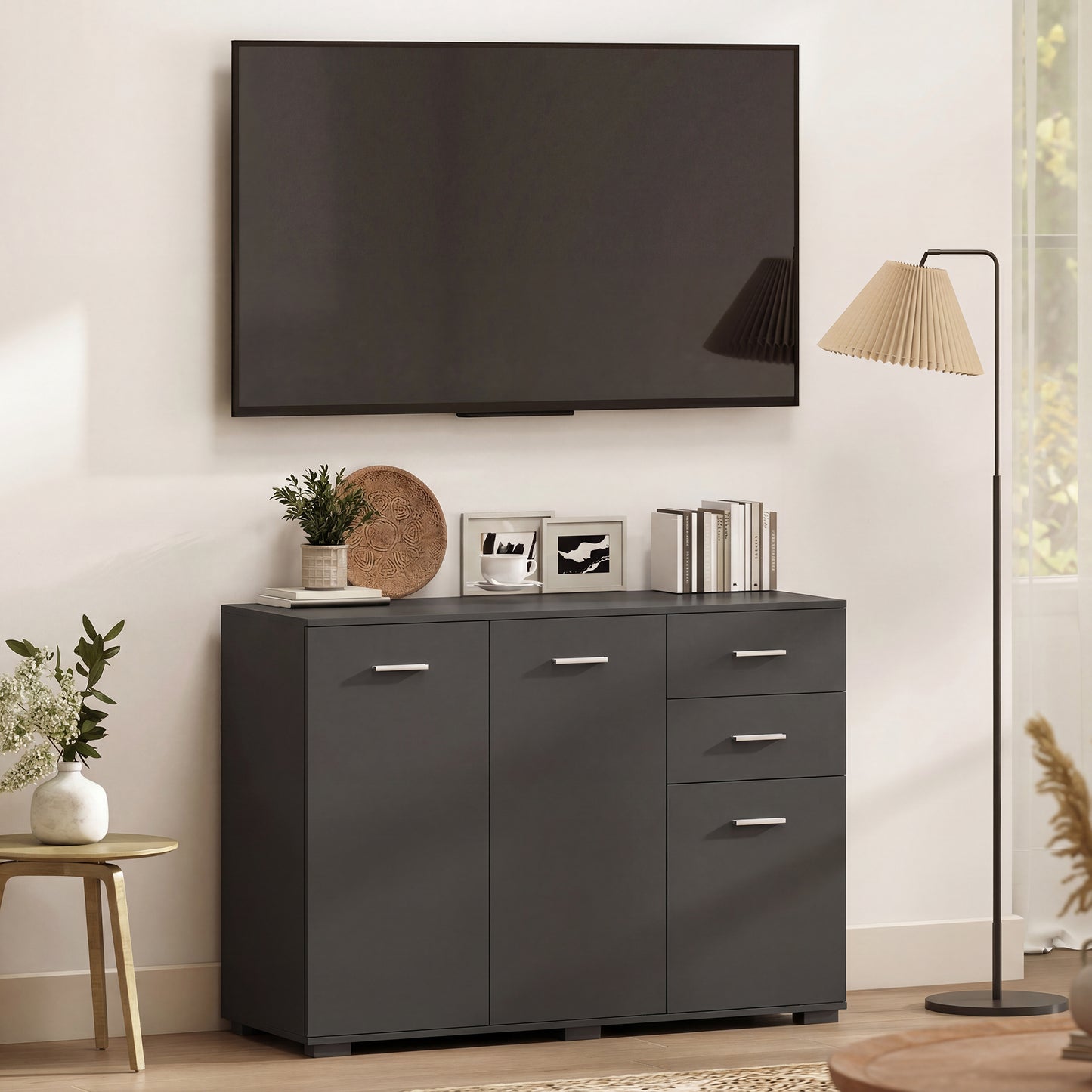 Sideboard, Modern Storage Cabinet with 2 Drawers, 3 Doors and Adjustable Shelves, Black