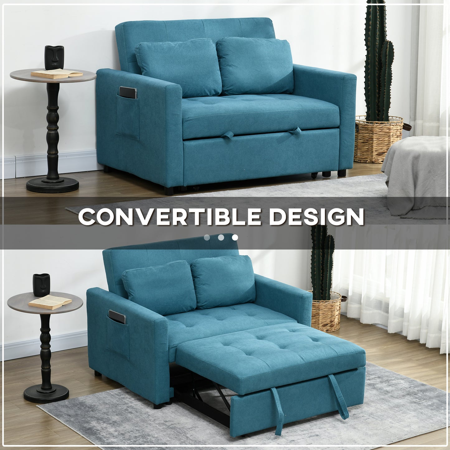 Loveseat Sofa Bed, Convertible Bed Settee with 2 Pillows, Side Pockets, Blue