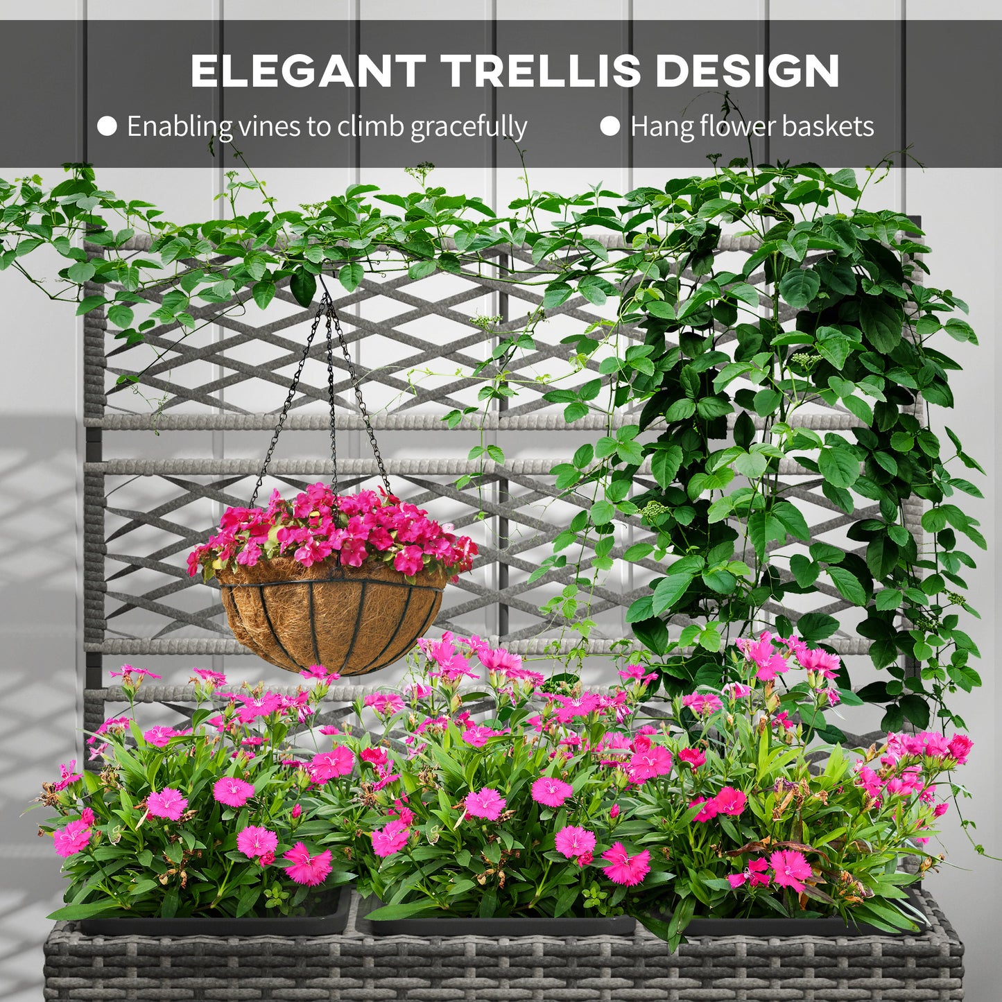33L Garden PE Rattan Planter with Trellis, Free Standing Flower Raised Bed for Garden, Garden Planter for Climbing Plants