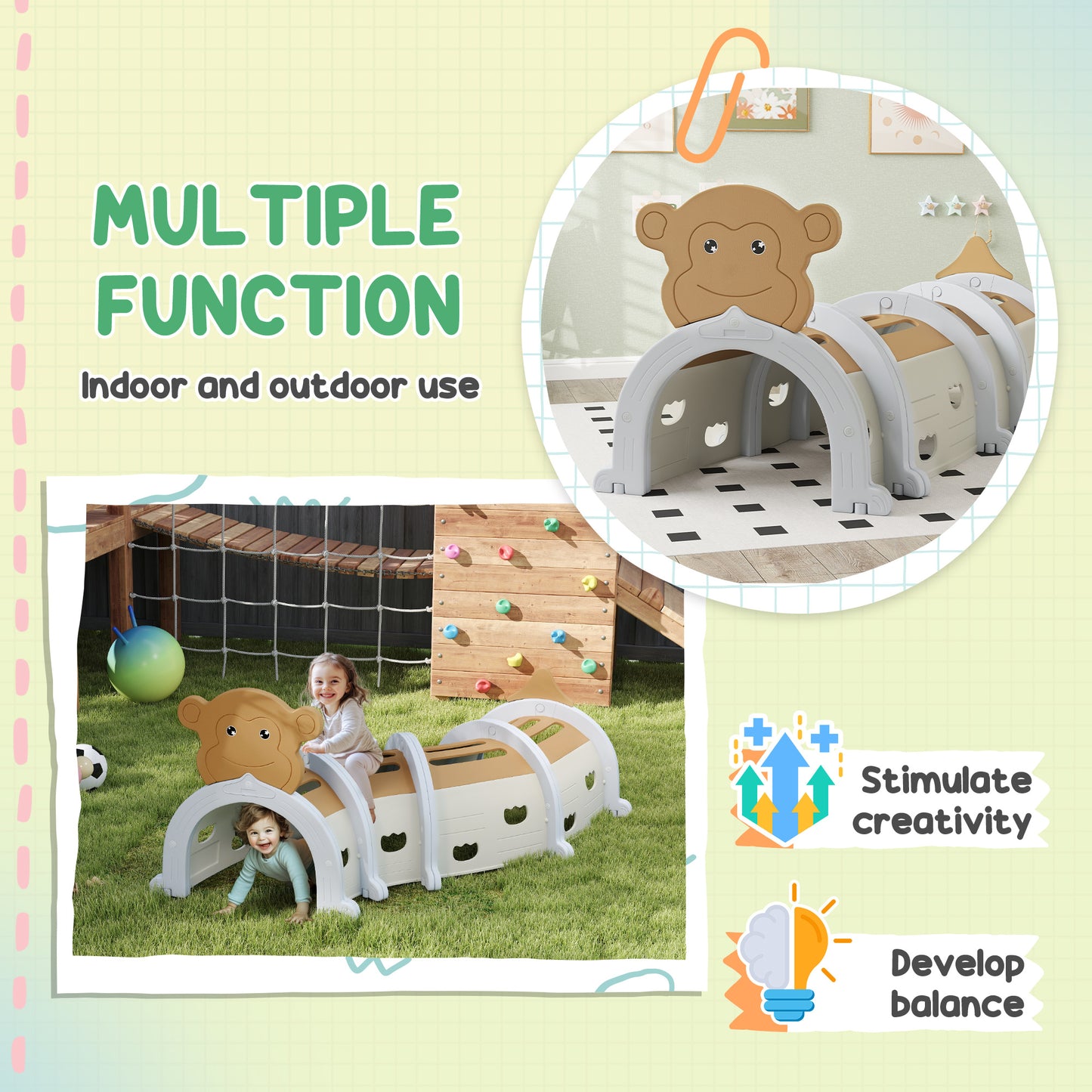 Monkey-Design Kids Play Tunnel for Crawling, Climbing, for ages 3-6 Years, Brown