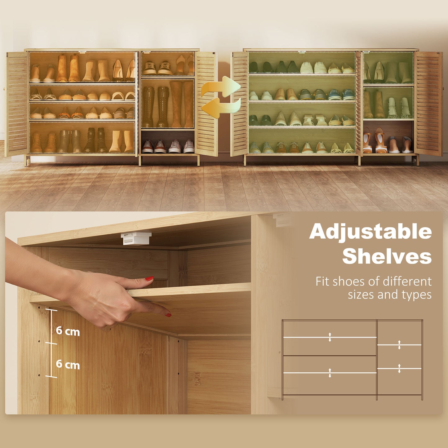 Bamboo Shoe Cabinet with Louvered Doors, 18 Pairs Shoe Storage Cabinet with Adjustable Shelves for Hallway, Natural