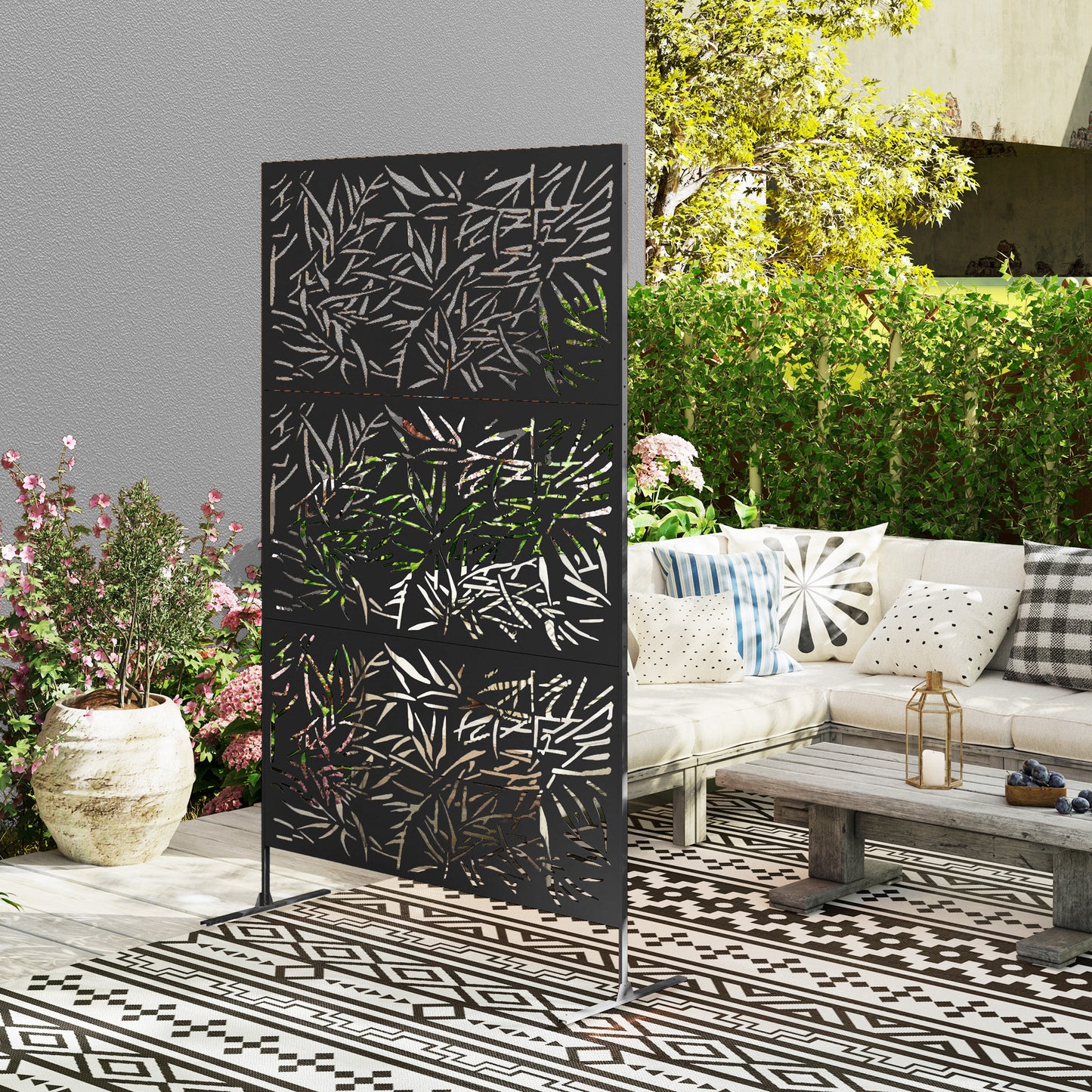 Decorative Garden Privacy Screen with Stand, 6.5FT Freestanding Metal Outdoor Divider, Black