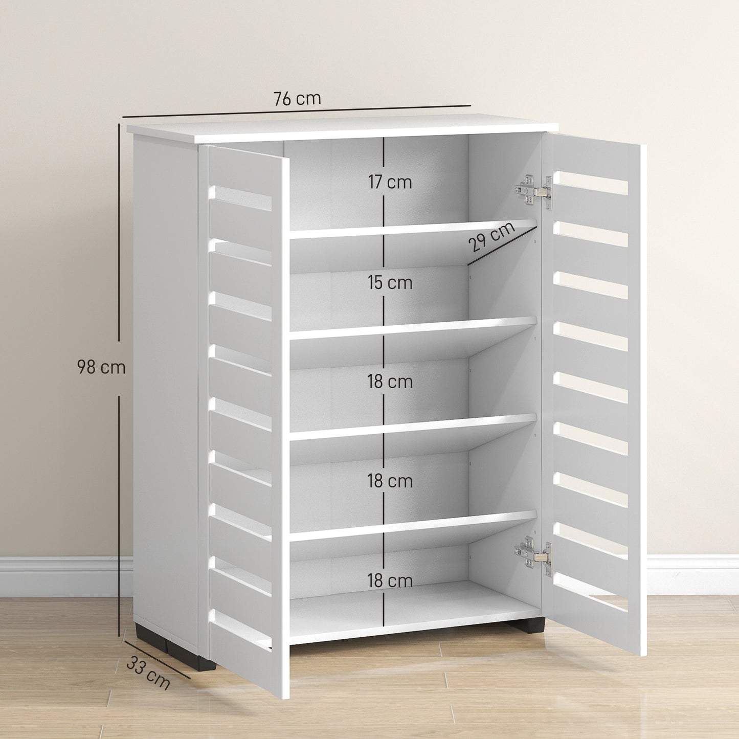 Narrow Shoe Cabinet for Entryway, 5-Tier Slim Shoe Storage Cabinet with 2 Slatted Doors and Adjustable Shelves