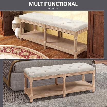2-Tier Bed End Bench, Vintage Stool, Wooden Window Seat with Storage Shelf