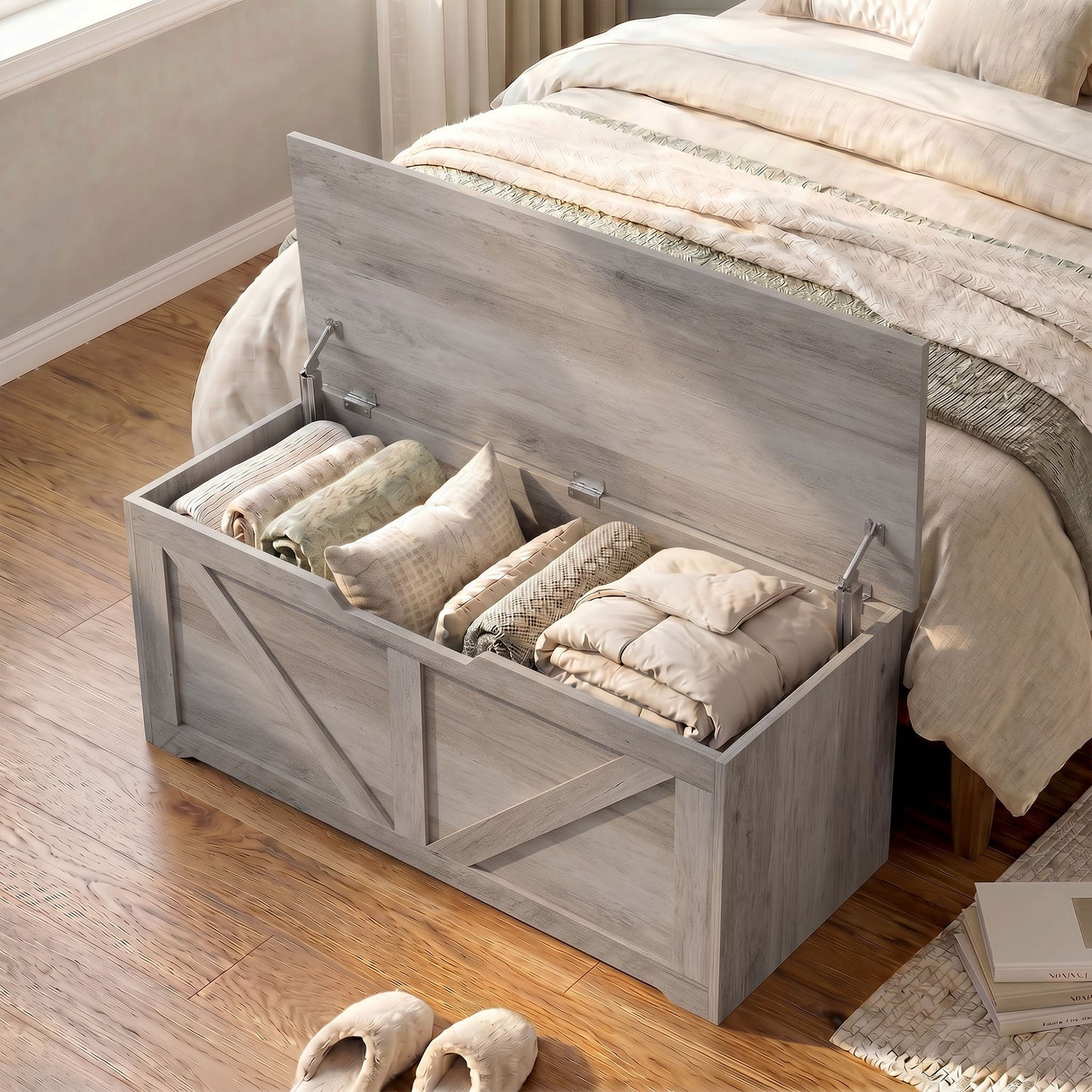 127L Home Storage Box, with Safety Hinges - Grey Wood-Effect