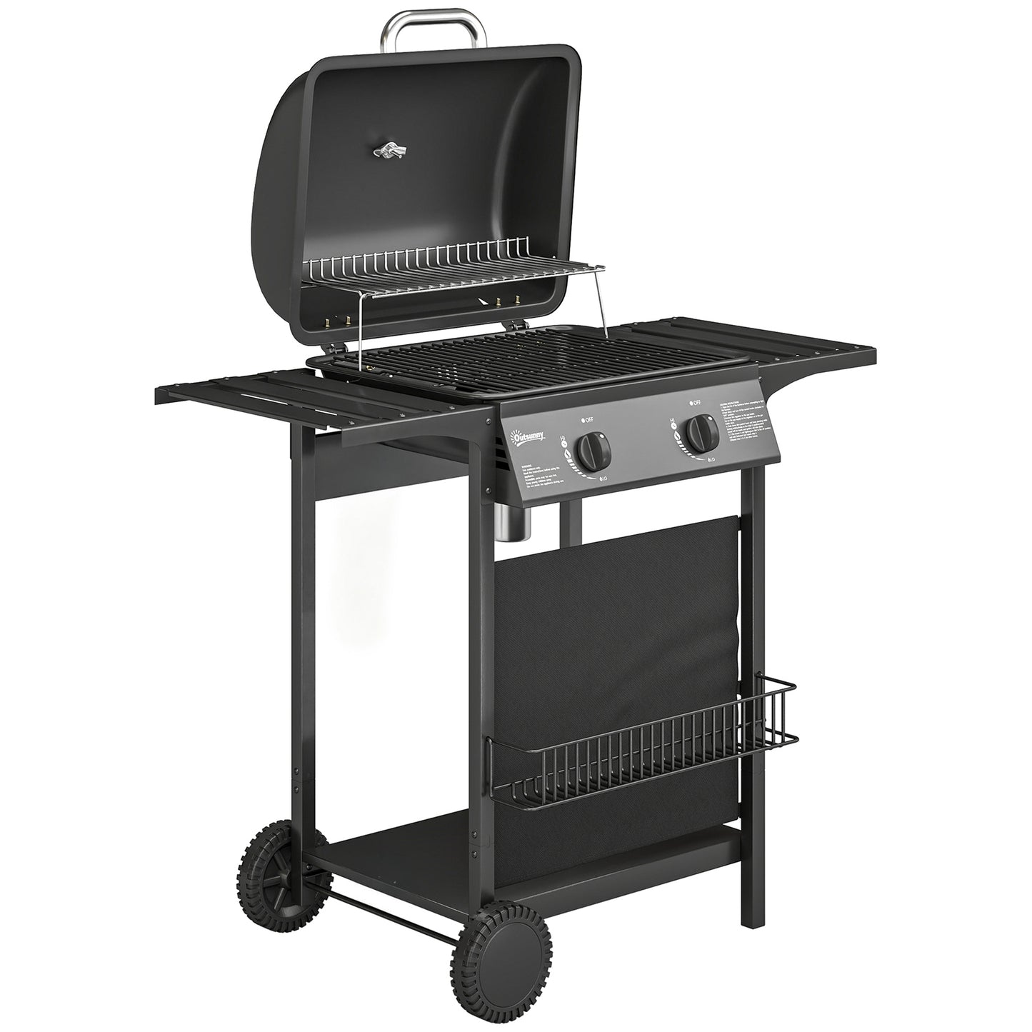 Gas Burner Barbecue Grill, 2 Burner Gas Grill with Side Tables, Warming Rack, Shelf, Thermometer, Grease Tray, Black