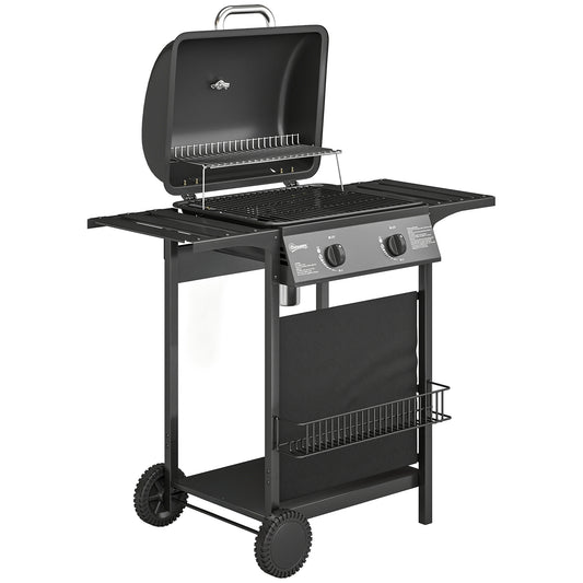Gas Burner Barbecue Grill, 2 Burner Gas Grill with Side Tables, Warming Rack, Shelf, Thermometer, Grease Tray, Black