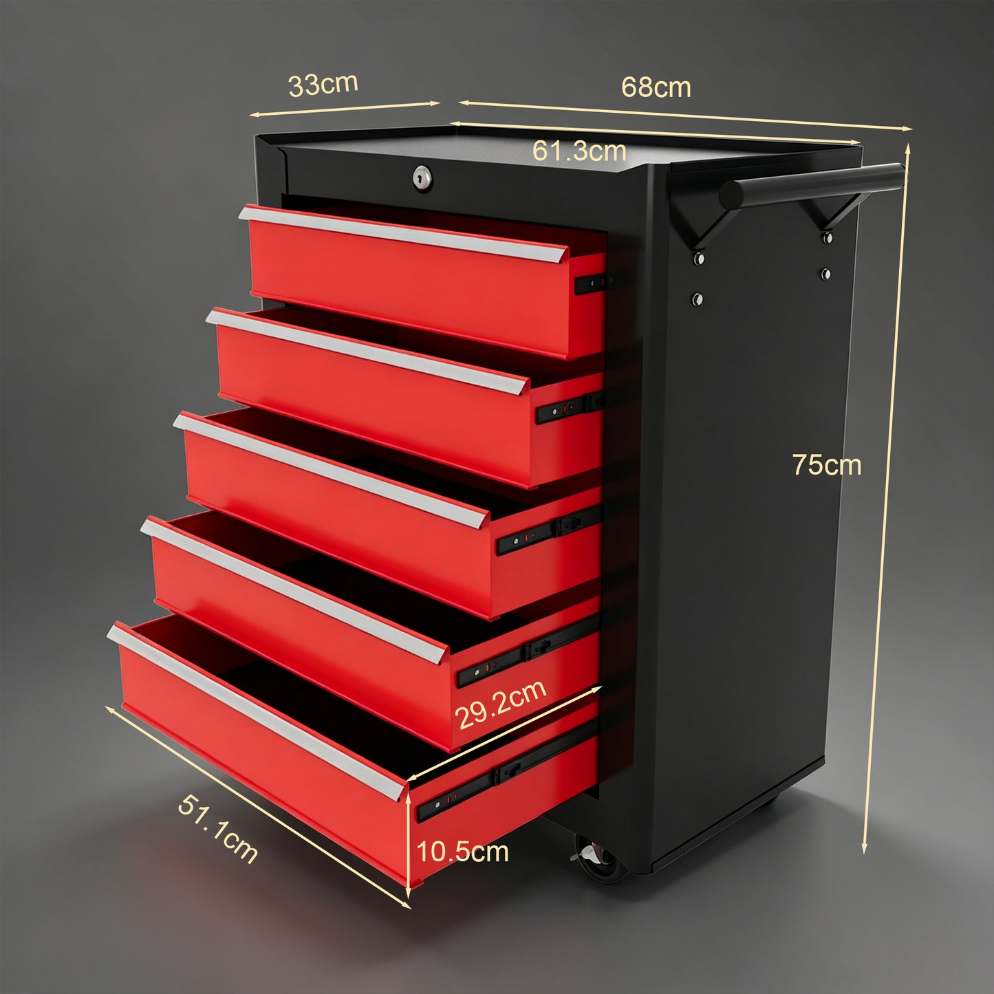 5-Drawer Tool Chest with Wheels, Steel Lockable Tool Storage Cabinet with Handle, 2 Keys for Garage, Workshop, Red
