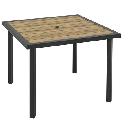 Square Garden Dining Table with 5.4cm Parasol Hole, Slatted Top, Metal Frame, 86 x 86 x 71cm, Brown
