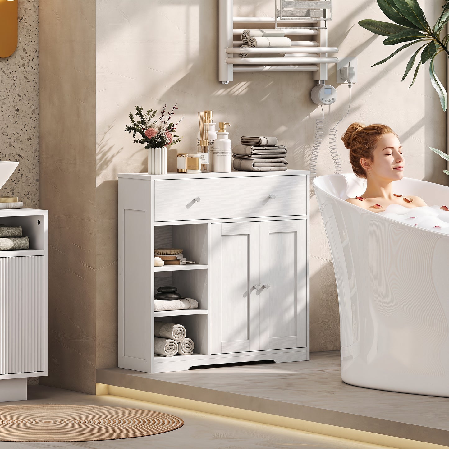 Bathroom Floor Cabinet, Freestanding Bathroom Cabinet with Drawer, Door, Open Shelves, White